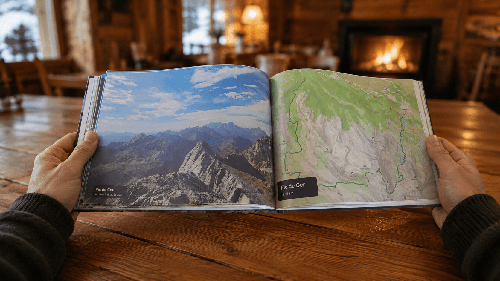 Livre AdvenBook posé sur une magnifique table en bois, vue large dézoomée style Alpen-Werk