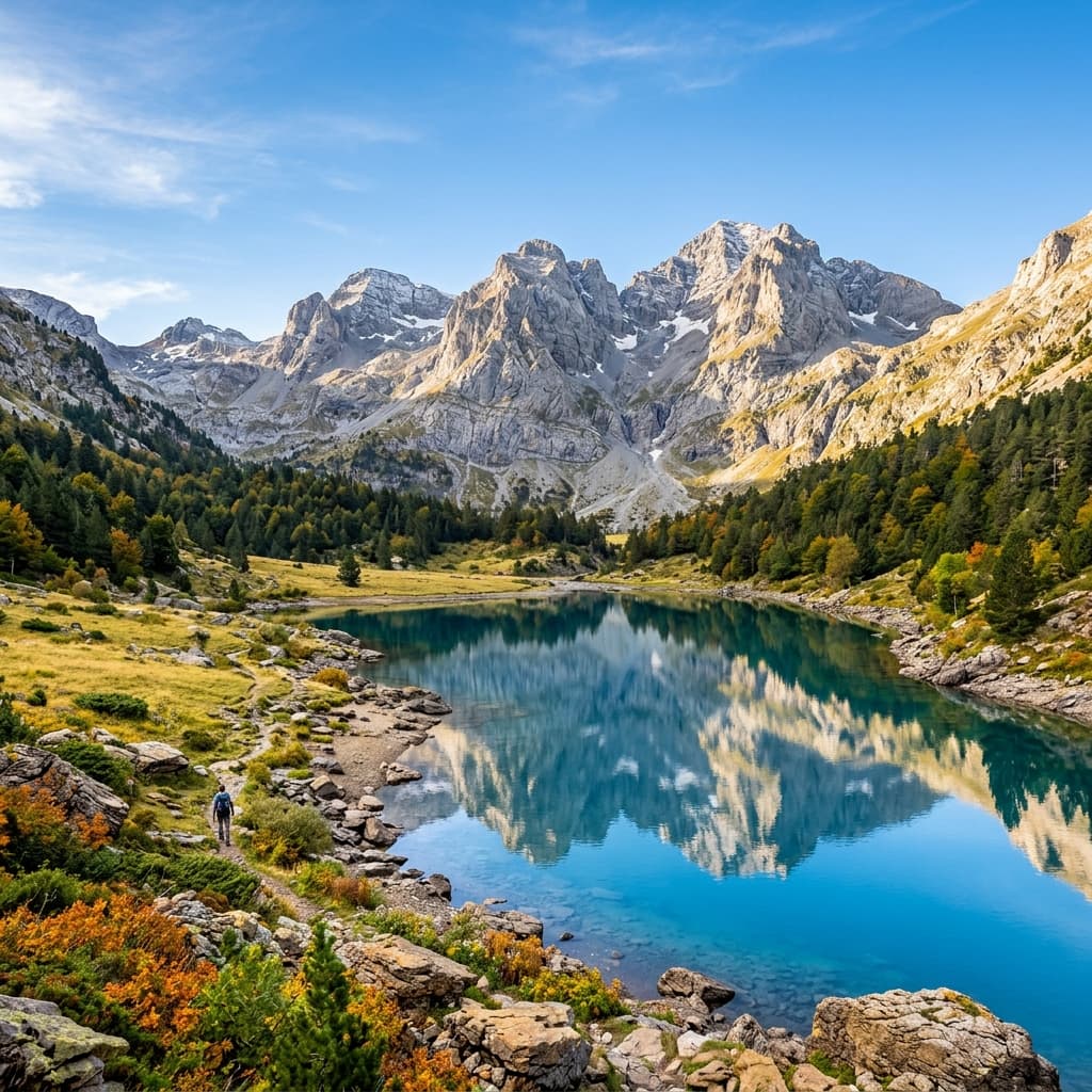 Randonneur longeant un lac glaciaire turquoise face aux falaises du Mont-Perdu