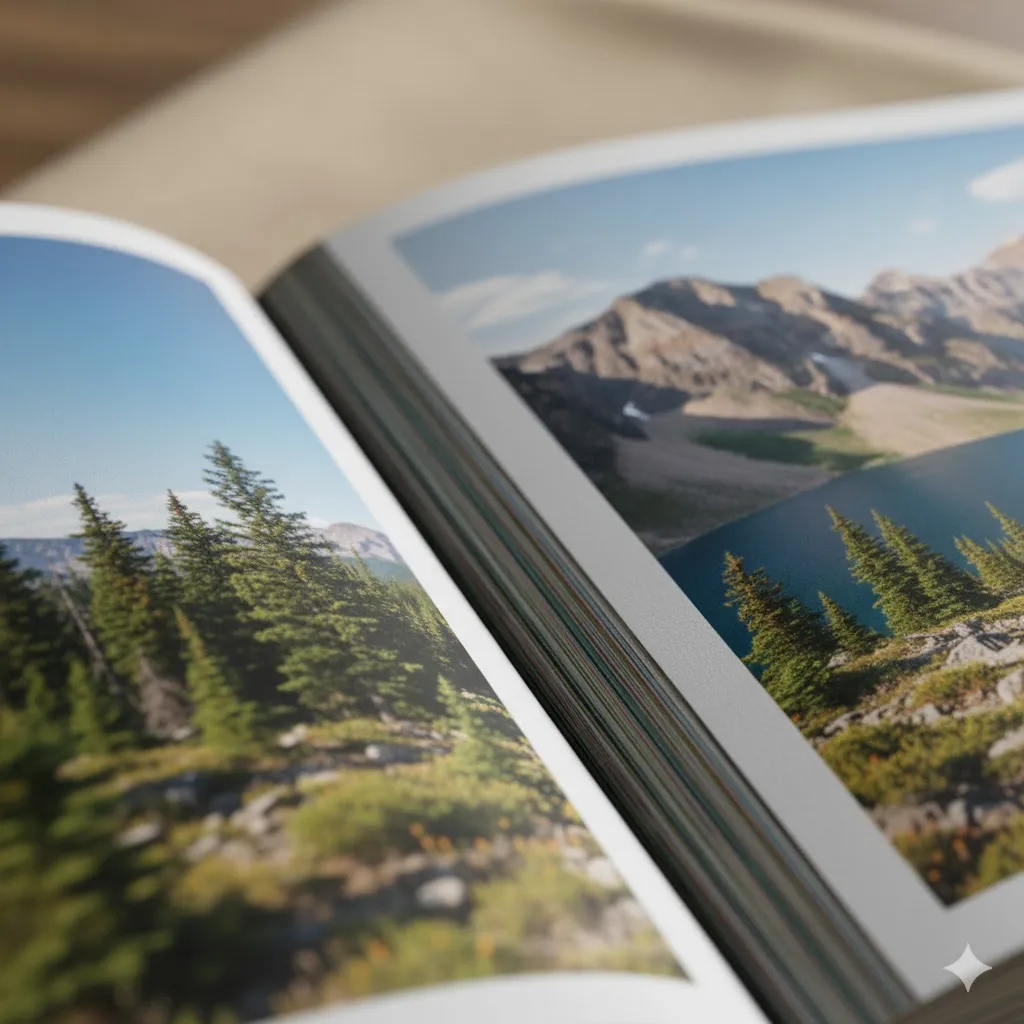 Livre photo et carnet de trail ouvert avec carte et photos de montagne